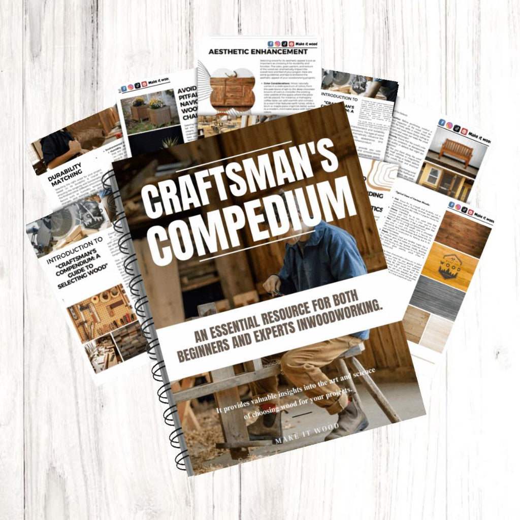 Craftsman's Compendium book on a wooden surface with images of woodworking projects.