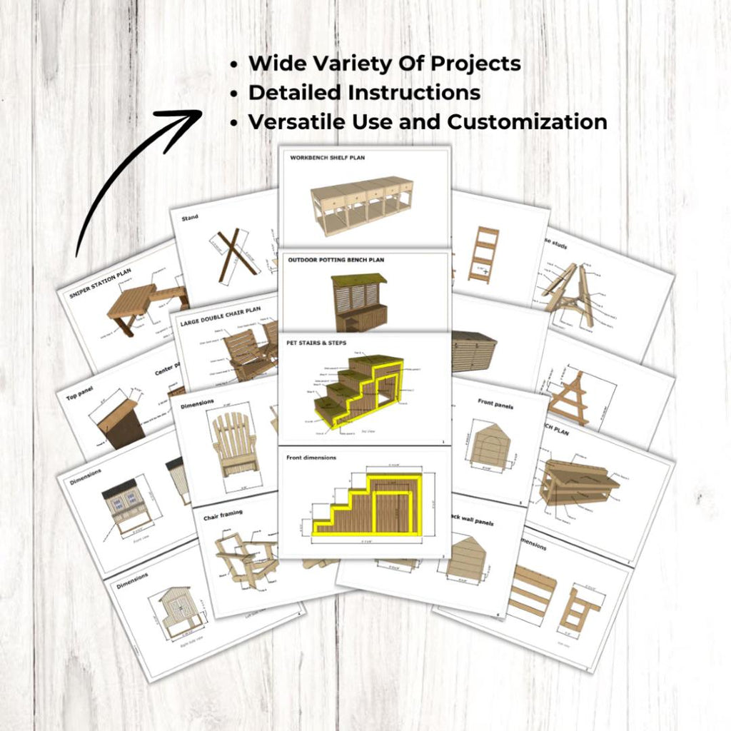 Set of wooden furniture plans on a light wooden surface with text highlighting features.