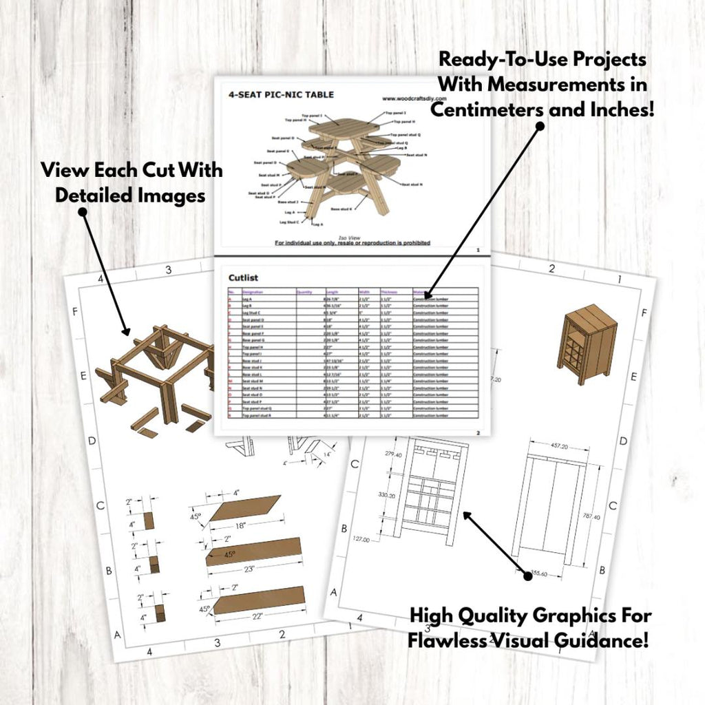 Woodworking plans for a 4-seatPIC-NIC table with measurements and cut list on a wooden surface.