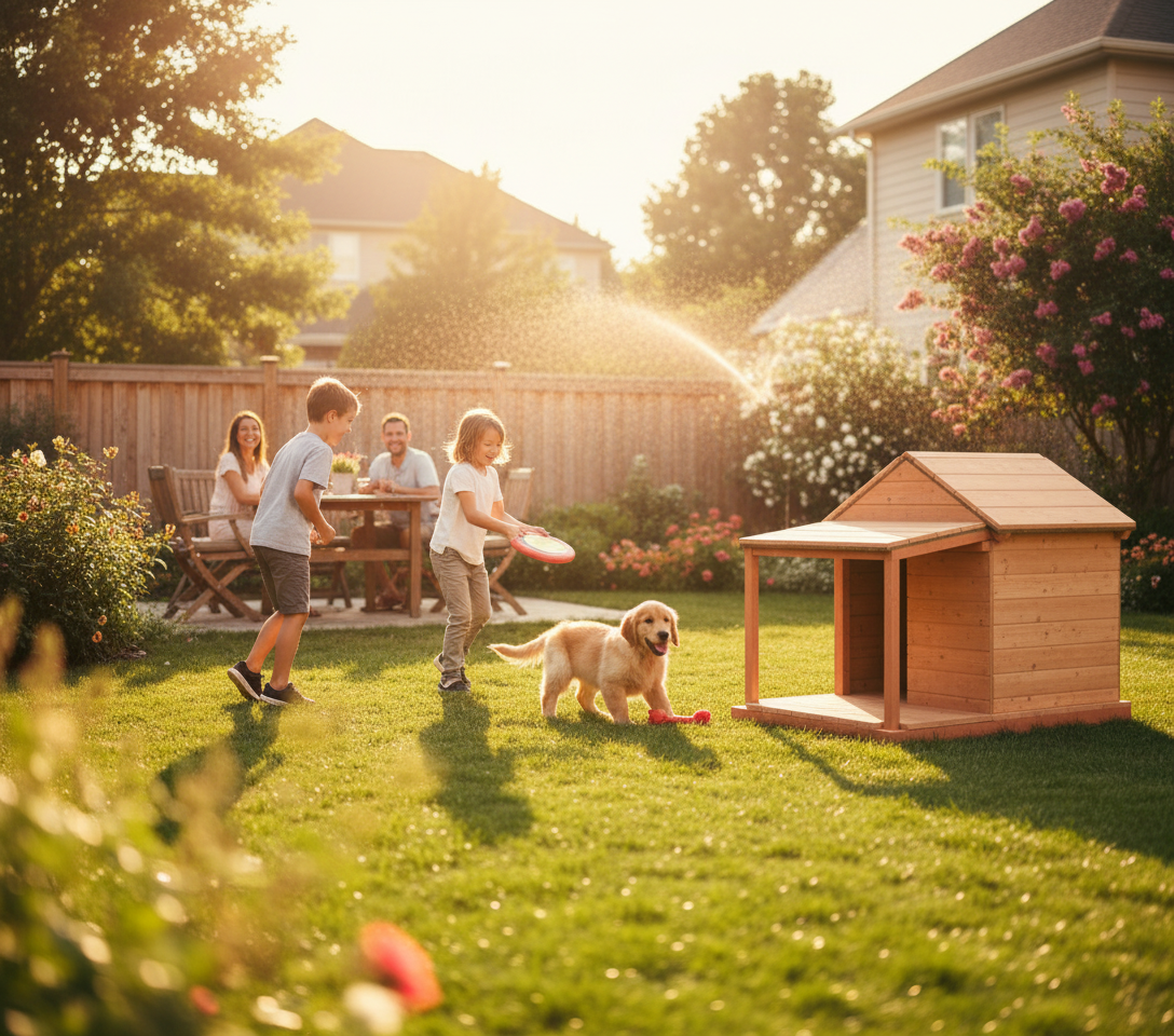 3D isometric view of dog house showing roof structure and porch construction