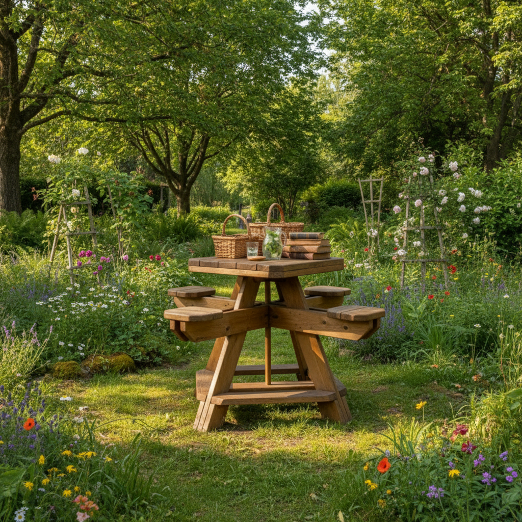 Custom picnic table in garden setting 
