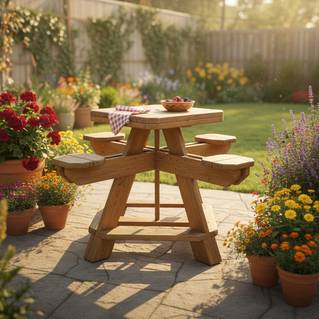 Custom picnic table in garden setting - DIY woodworking plan finished project