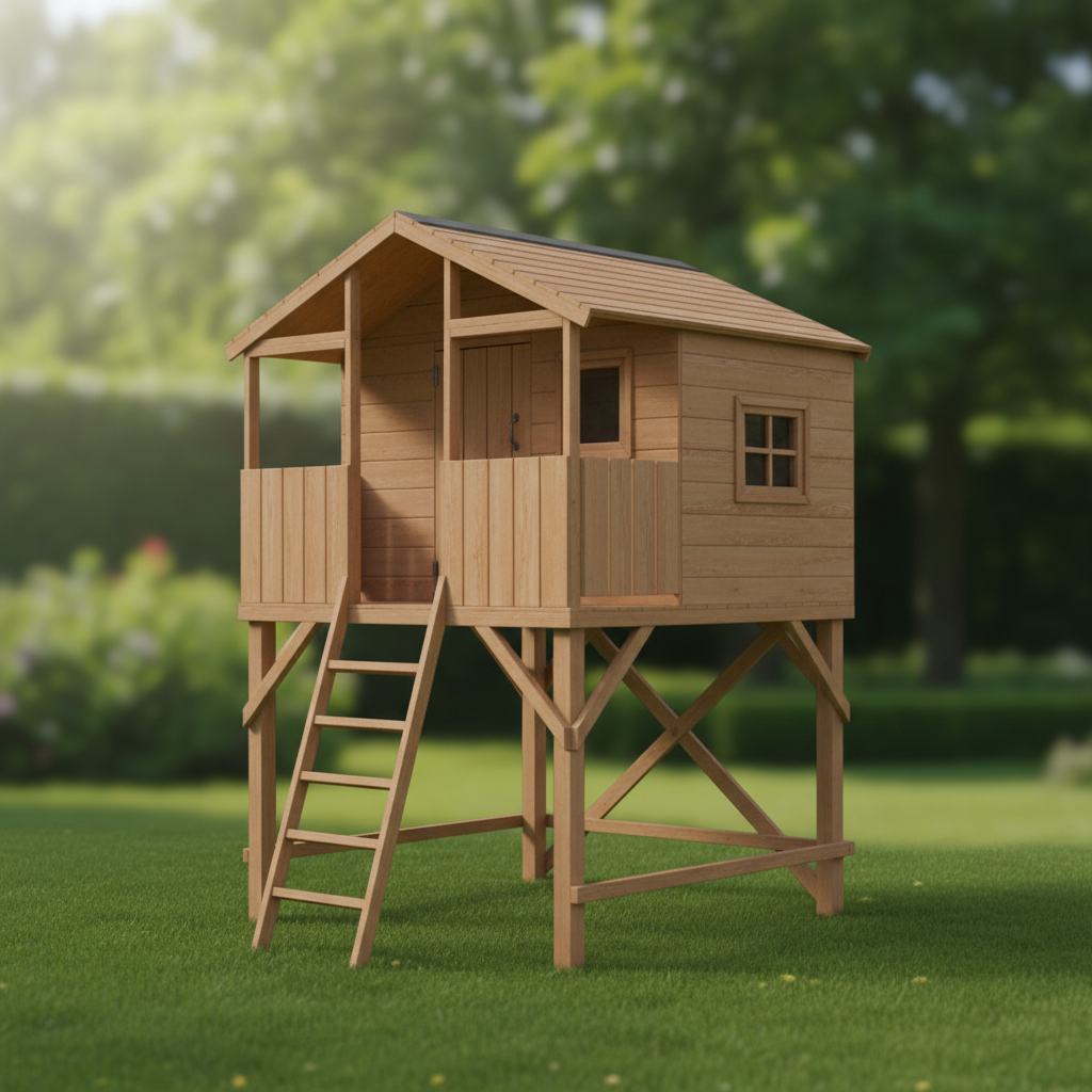 Elevated wooden children's playhouse with ladder and porch - DIY woodworking plans