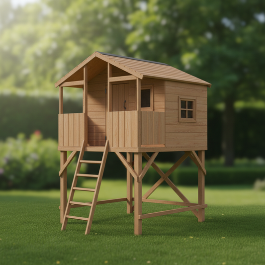 Elevated wooden children's playhouse with ladder and porch - DIY woodworking plans