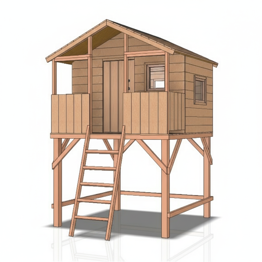 Front view of children's playhouse with door, window and natural wood siding