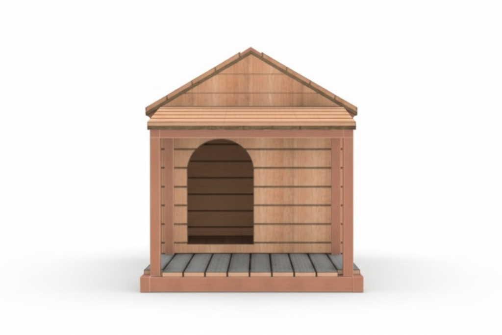 Front view of wooden dog house with entrance and porch area