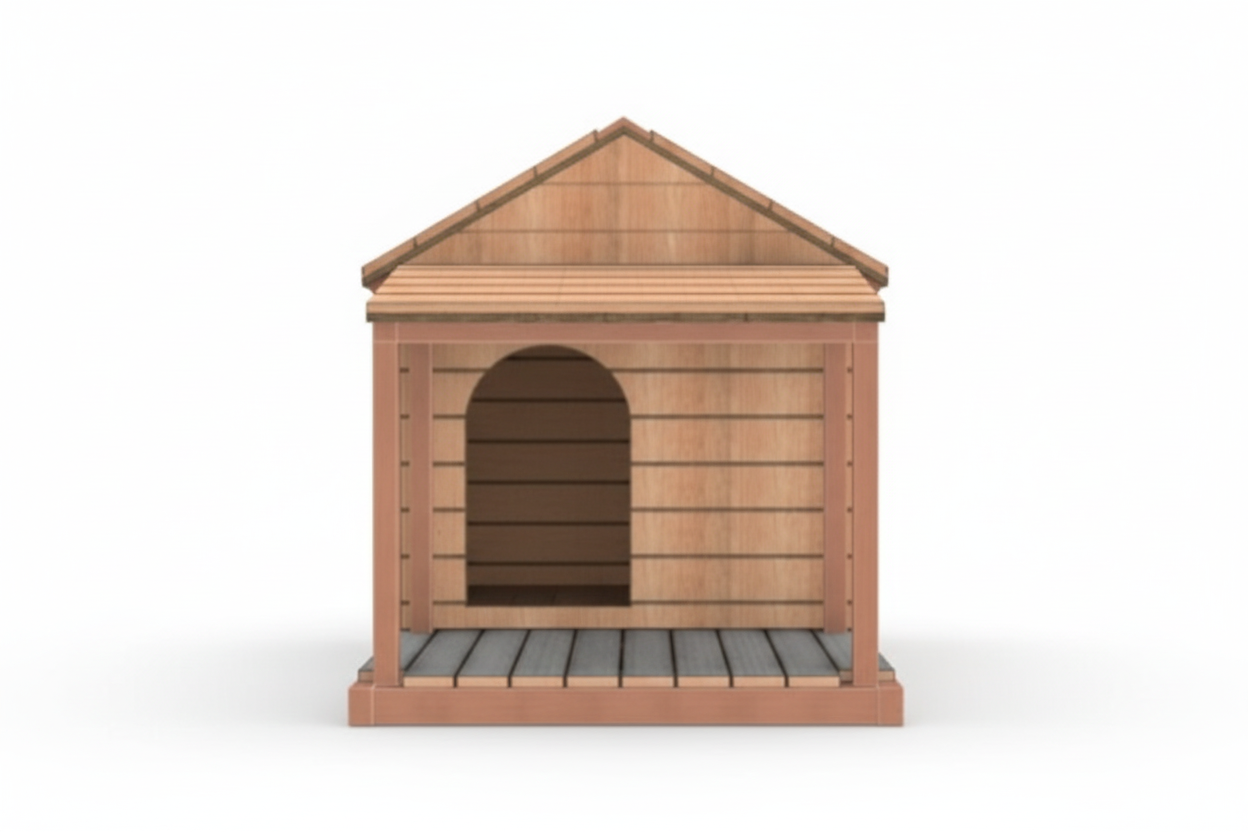 Front view of wooden dog house with entrance and porch area