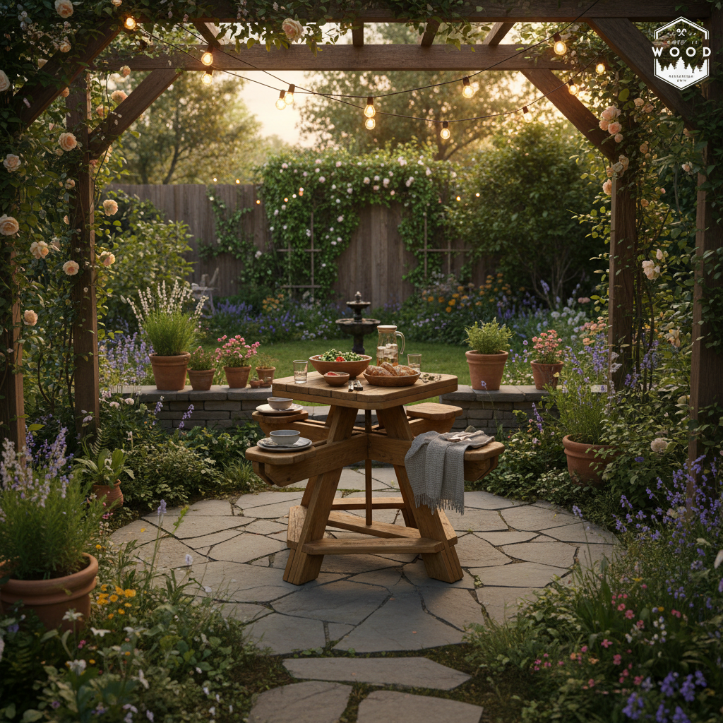 Handmade picnic table on sunny patio - DIY outdoor furniture build