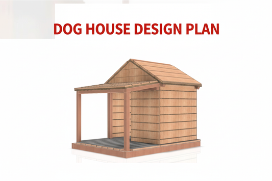 Happy dog relaxing on wooden dog house porch in backyard