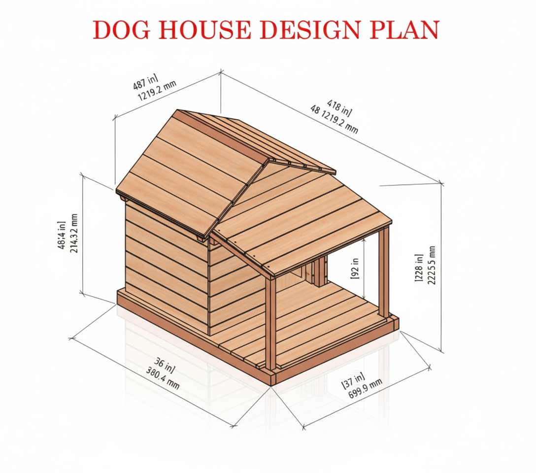 Side elevation drawing of dog house showing construction details and measurements