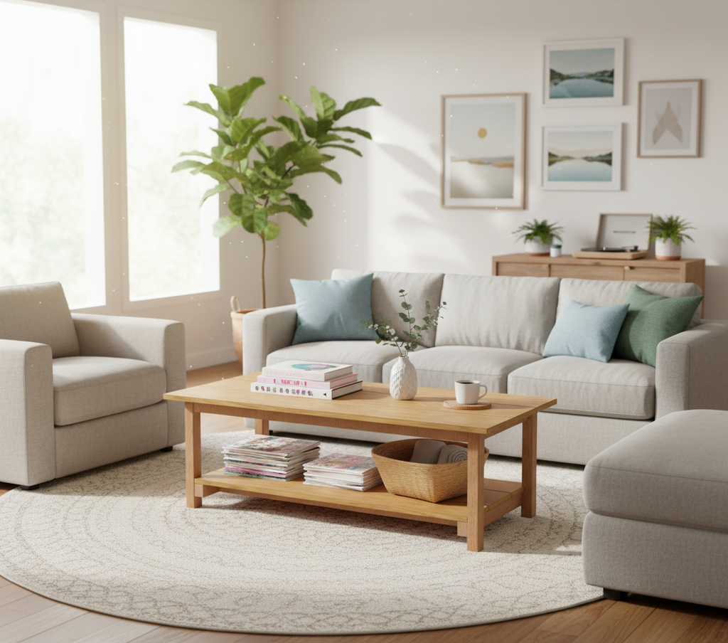 Side view of coffee table showing construction details and shelf design