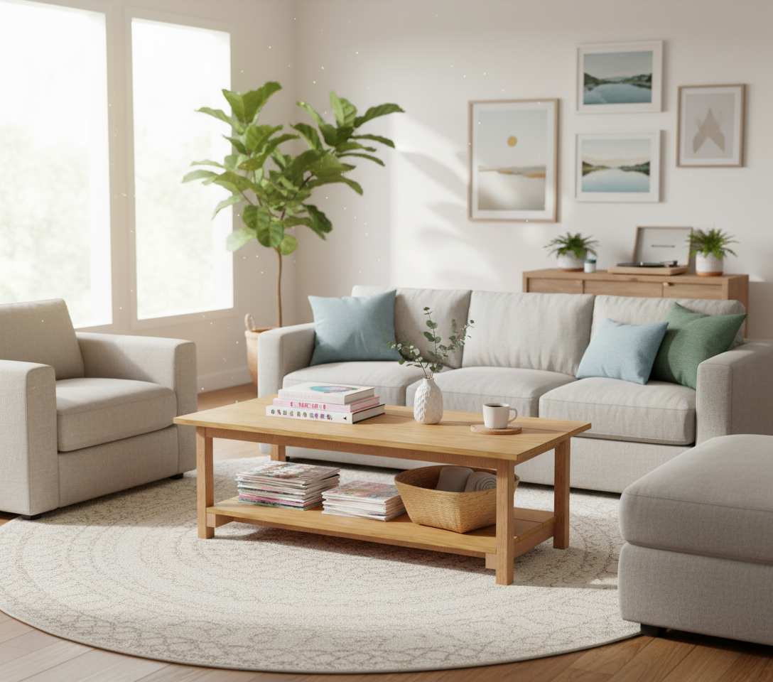 Side view of coffee table showing construction details and shelf design