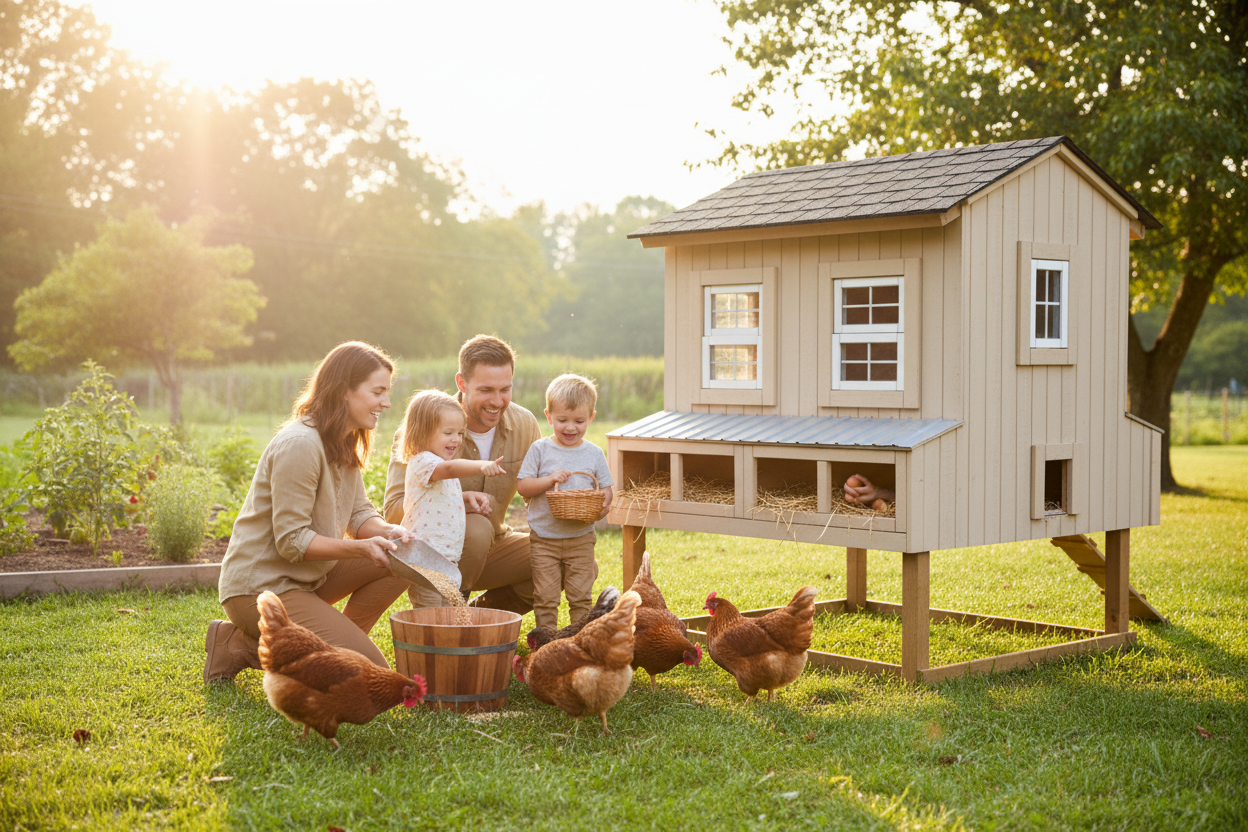 Family feeding chickens