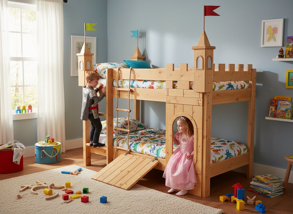 Kids playing around bed