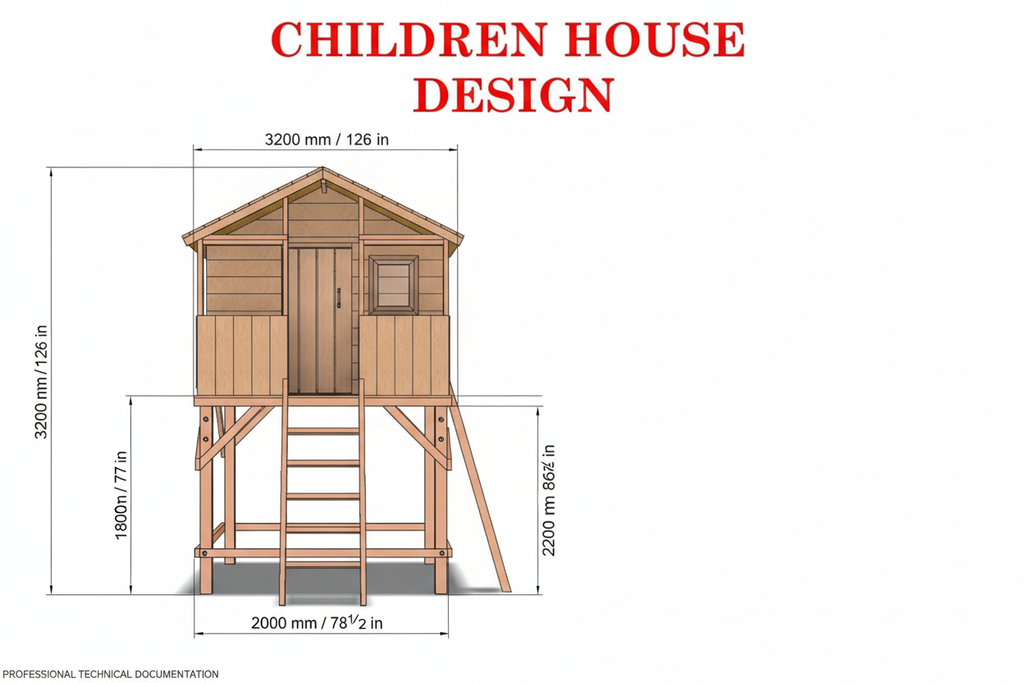 Front view of children's playhouse with door, window and natural wood siding